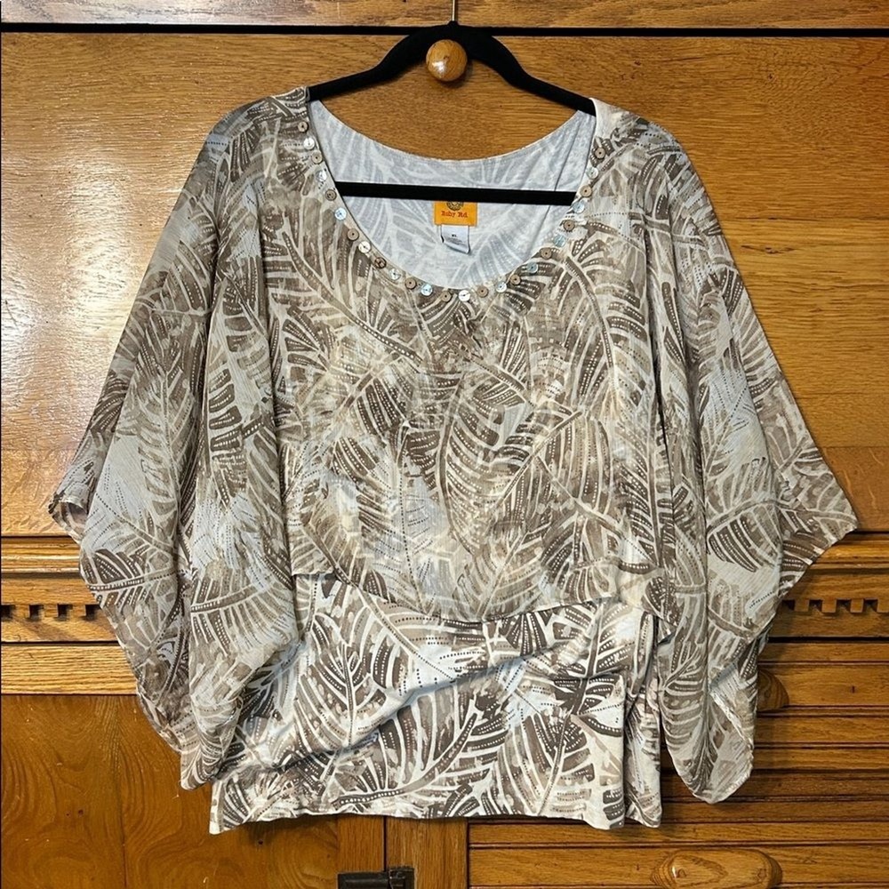 Ruby Rd Tropical Leaf Print Chiffon Overlay Blouse Tan Embellished Top Resort